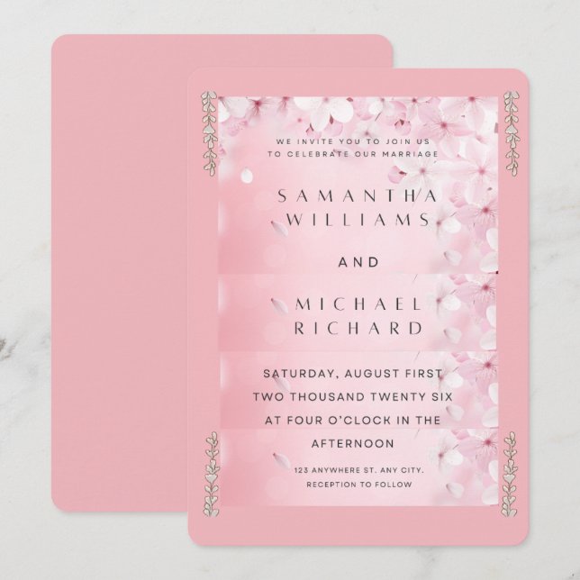Elegant Pink Cherry Blossom Wedding Invitation - C (Front/Back)