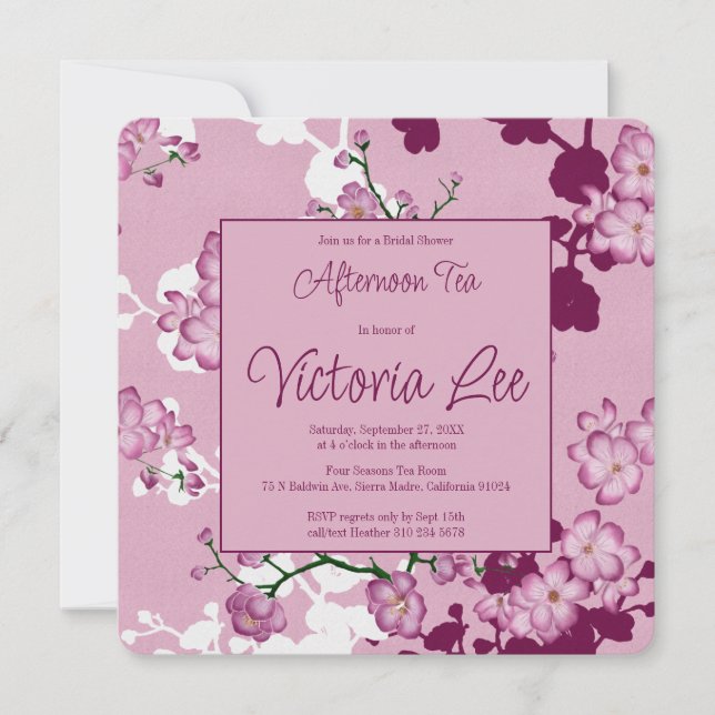 Elegant Pink Cherry Blossoms Afternoon Tea Square Invitation (Front)