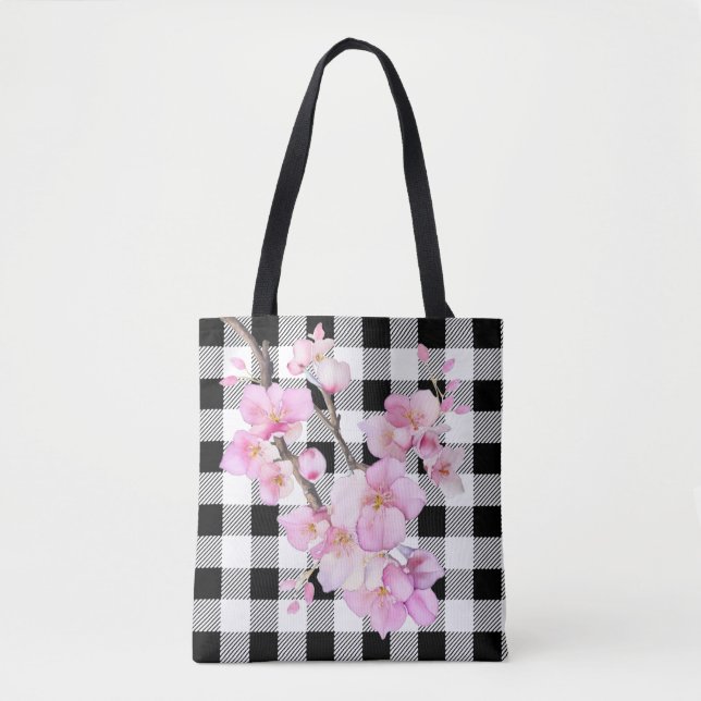 Elegant pink cherry blossoms black white gingham  tote bag (Front)