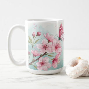 Elegant Pink Cherry Blossoms Floral & Butterfly Coffee Mug