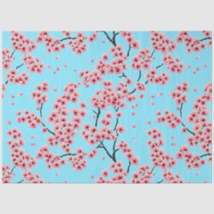 Elegant Pink Cherry Blossoms Sky Blue Christmas Tissue Paper