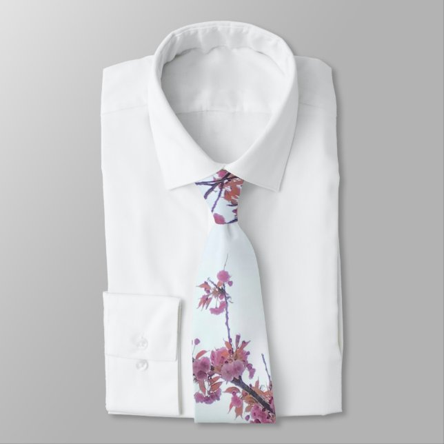 Elegant Pink Cherry Blossoms Spring Hanami Blue Tie (Tied)
