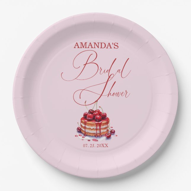 Elegant Pink Cherry on Top Bridal Shower  Paper Plate (Front)