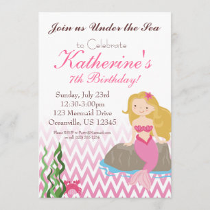 Elegant Pink Chevron Blonde Mermaids Birthday Invitation