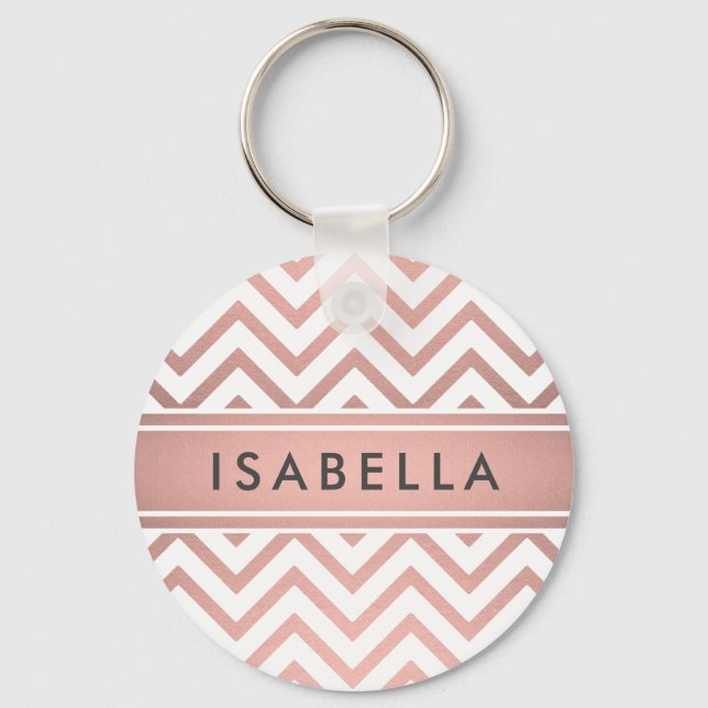 Elegant Pink Chevron Pattern Girly Faux Rose Gold Key Ring (Front)