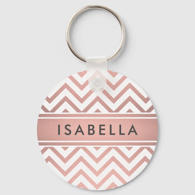 Elegant Pink Chevron Pattern Girly Faux Rose Gold Key Ring (Front)
