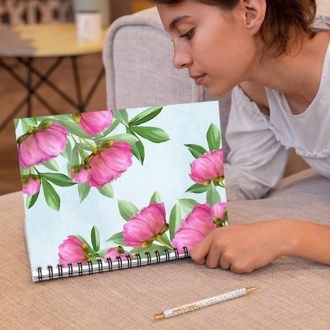 Elegant Pink Chic Floral Peonies  Notebook (Simple pretty pink peonies and greenery spiral notebook)