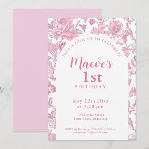 Elegant Pink Chinoiserie 1st Birthday Party  Invitation