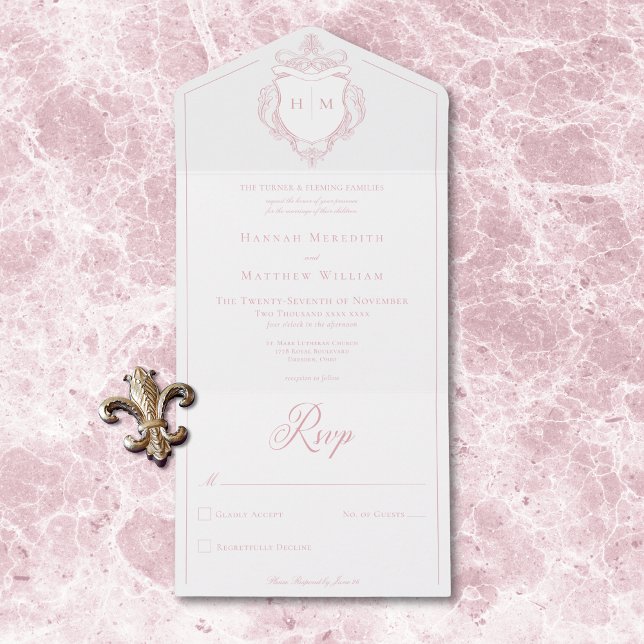 Elegant Pink Chinoiserie Bird Crest Wedding All In One Invitation (Elegant Pink Chinoiserie Bird Crest Wedding All In One Invitation)