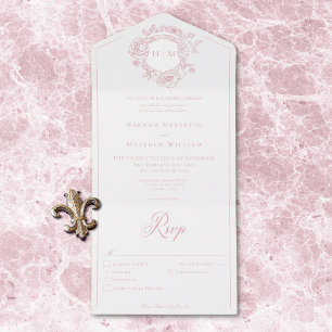 Elegant Pink Chinoiserie Bird Crest Wedding Dinner All In One Invitation