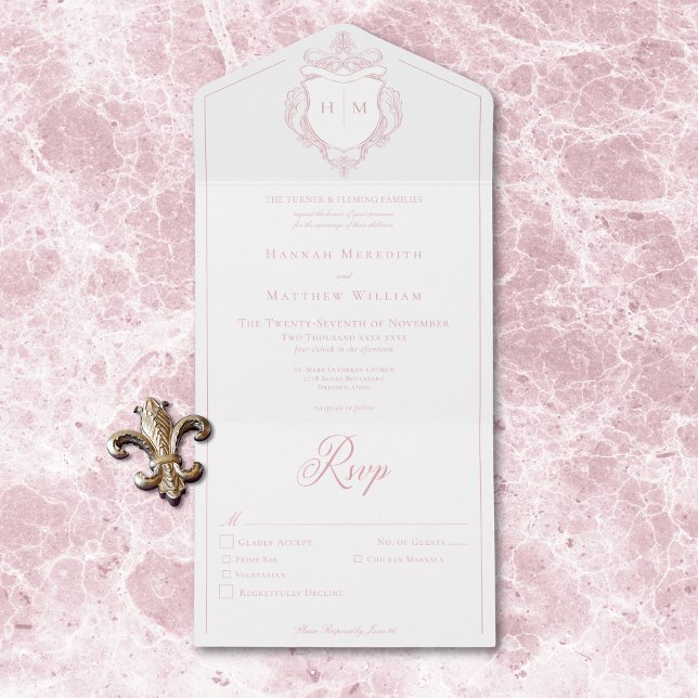 Elegant Pink Chinoiserie Bird Crest Wedding Dinner All In One Invitation (Elegant Pink Chinoiserie Bird Crest Wedding Dinner All In One Invitation)
