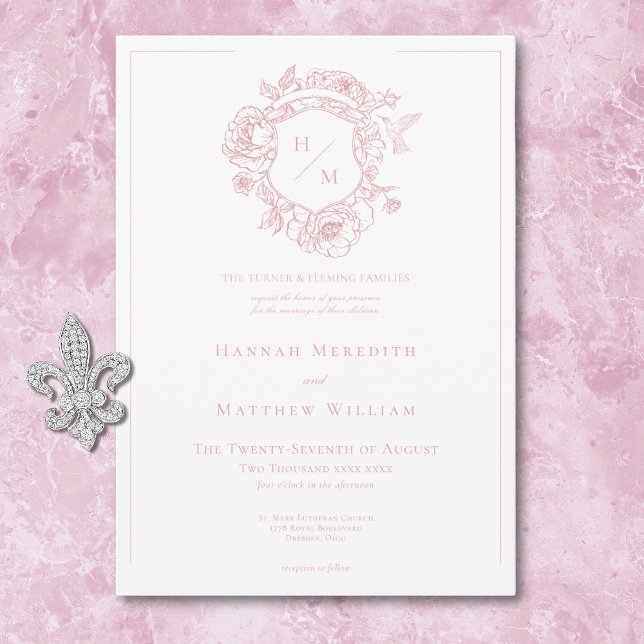 Elegant Pink Chinoiserie Bird & Crest Wedding Invitation (Elegant Pink Chinoiserie Bird & Crest Wedding Invitation)