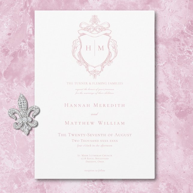 Elegant Pink Chinoiserie Bird & Crest Wedding Invitation (Elegant Pink Chinoiserie Bird & Crest Wedding Invitation)