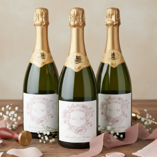 Elegant Pink Chinoiserie Bird Crest Wedding Sparkling Wine Label