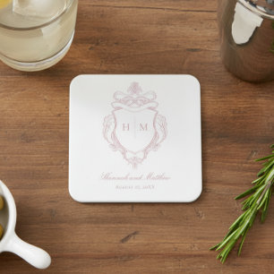 Elegant Pink Chinoiserie Bird Crest Wedding Square Paper Coaster