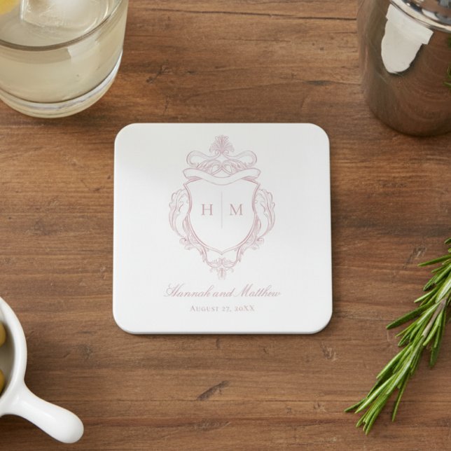 Elegant Pink Chinoiserie Bird Crest Wedding Square Paper Coaster (Creator Uploaded)