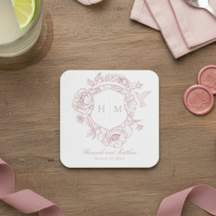Elegant Pink Chinoiserie Bird Crest Wedding Square Paper Coaster