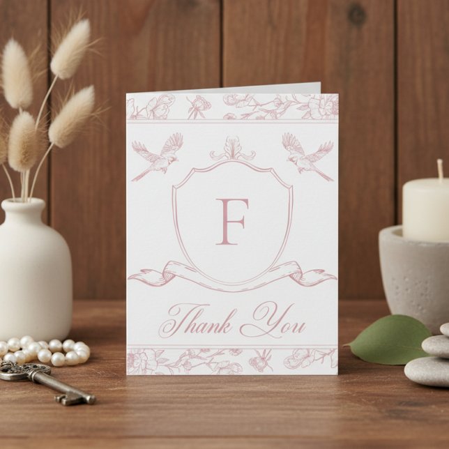 Elegant Pink Chinoiserie Bird & Crest Wedding Thank You Card (Creator Uploaded)