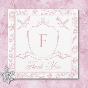 Elegant Pink Chinoiserie Bird & Crest Wedding Thank You Card