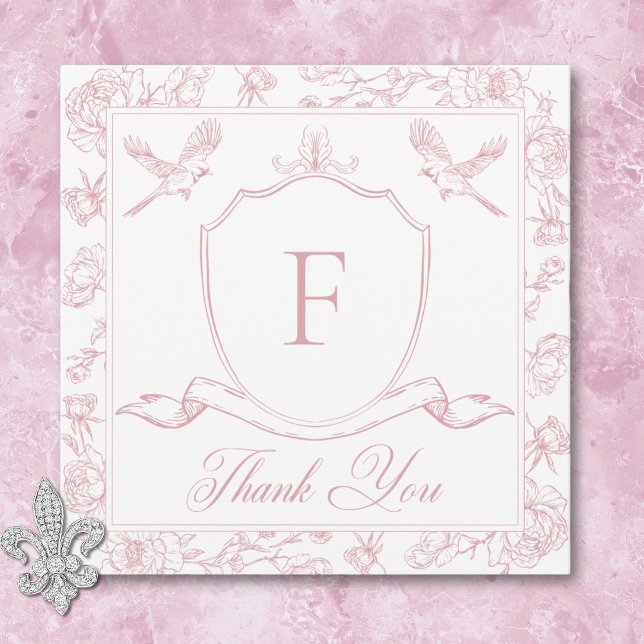 Elegant Pink Chinoiserie Bird & Crest Wedding Thank You Card (Elegant Pink Chinoiserie Bird & Crest Wedding Thank You Card)