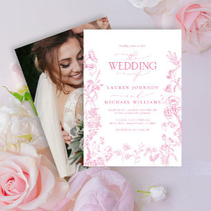 Elegant Pink Chinoiserie Floral Photo Wedding Invitation