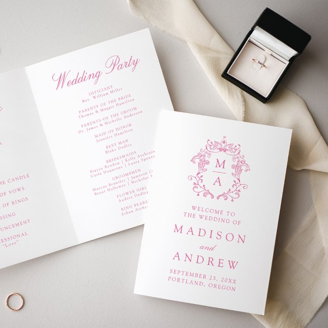 Elegant Pink Chinoiserie Monogram Crest Wedding Program (Creator Uploaded)