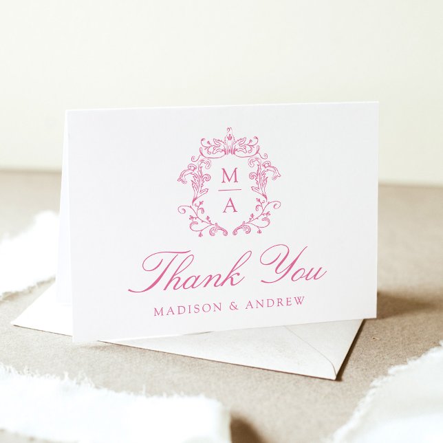 Elegant Pink Chinoiserie Monogram Crest Wedding Thank You Card (Creator Uploaded)
