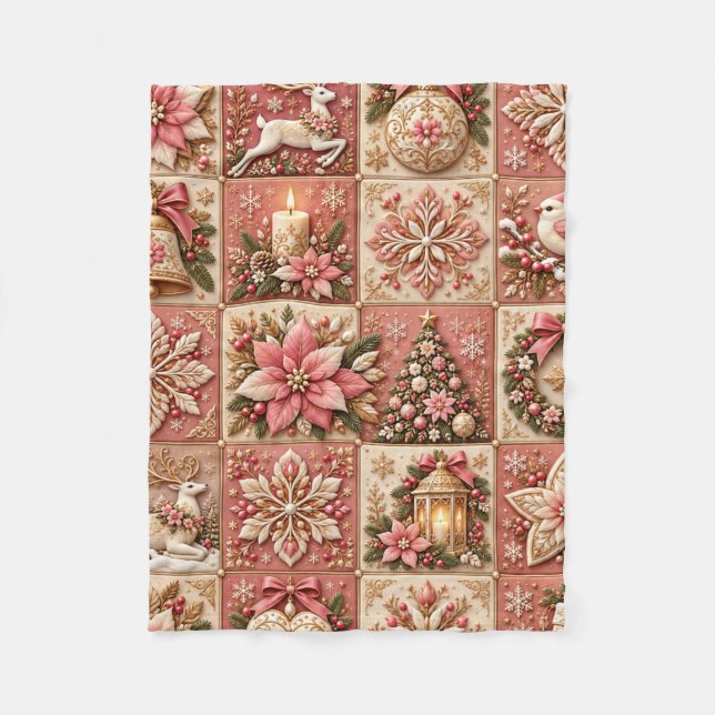 Elegant Pink Christmas Patchwork Blanket (Front)