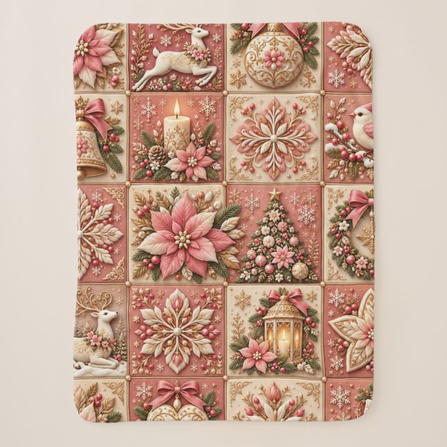 Elegant Pink Christmas Patchwork Blanket (Front)