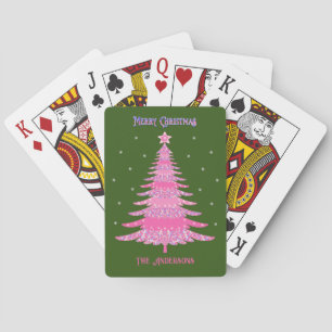 Elegant Pink Christmas Tree Custom Name Green Playing Cards