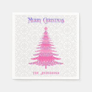 Elegant Pink Christmas Tree Custom Name  Napkin