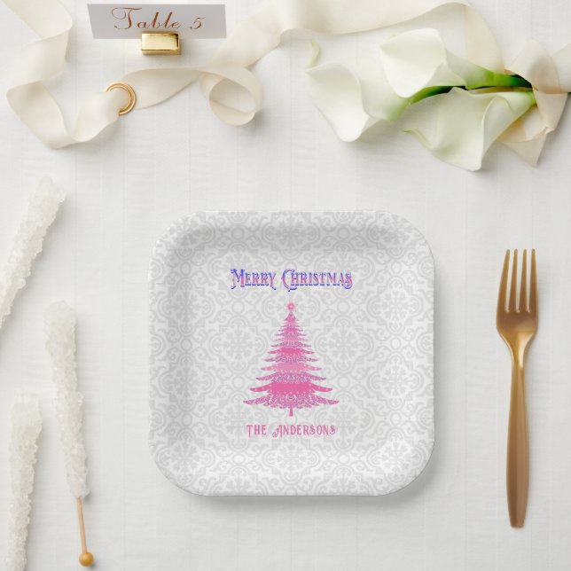 Elegant Pink Christmas Tree Custom Name  Paper Plate (Wedding)