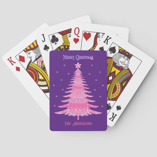 Elegant Pink Christmas Tree Custom Name Purple Playing Cards (Back)