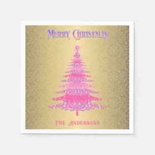 Elegant Pink Christmas Tree Gold Name Ornaments Napkin