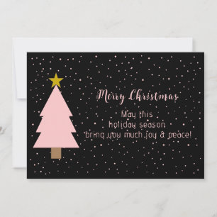 Elegant Pink Christmas Tree, Golden Star on Black Holiday Card