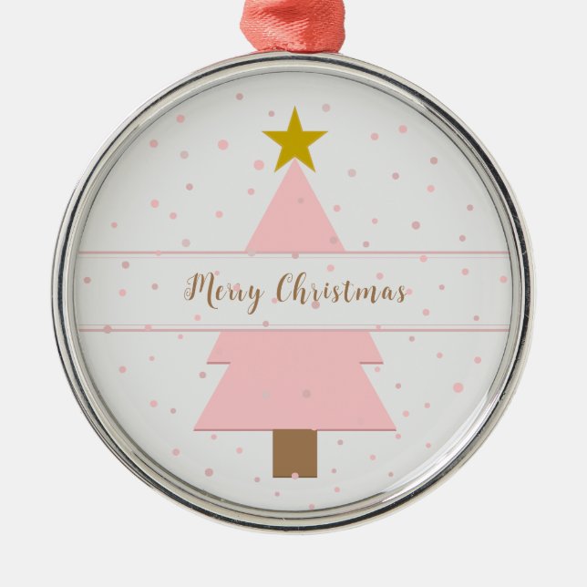Elegant Pink Christmas Tree & Golden Star Snowy Metal Ornament (Front)