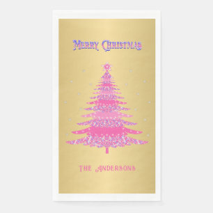 Elegant Pink Christmas Tree Name Custom Gold Foil Napkin