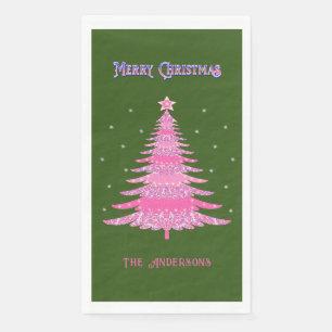 Elegant Pink Christmas Tree Name Custom Green Napkin