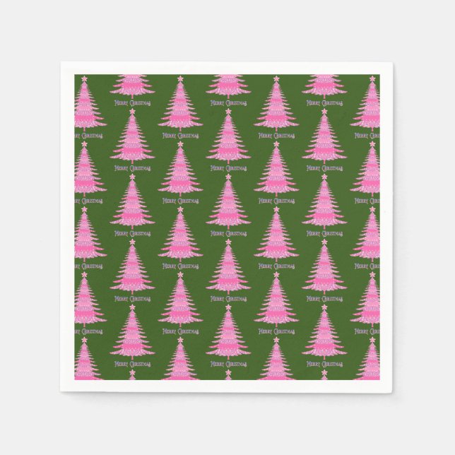 Elegant Pink Christmas Tree Pattern Green Napkin (Front)