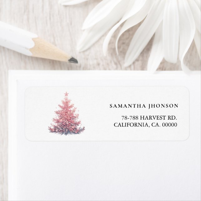 Elegant Pink Christmas Tree return address label (Insitu)