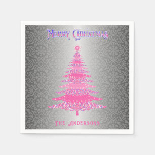 Elegant Pink Christmas Tree Silver Name Ornaments Napkin