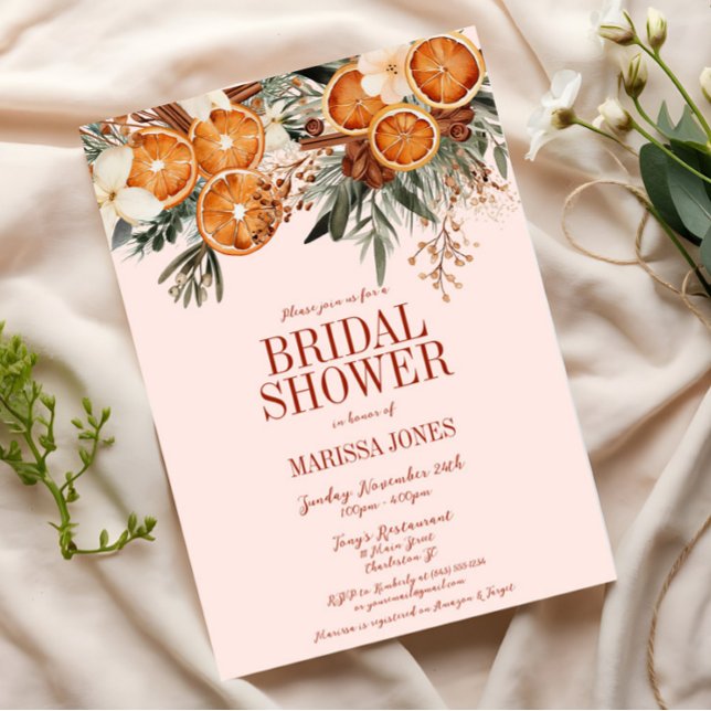 Elegant Pink Citrus Floral Bridal Shower Invitation (Pink Orange Citrus Floral Bridal Shower Invitation, Christmas, Fall Autumn, Elegant Modern Wedding)