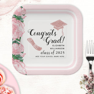 Elegant Pink Class 2025 Congrats Grad Graduation Paper Plate