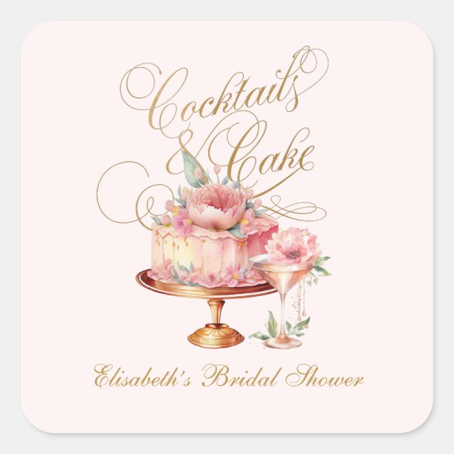 Elegant Pink Cocktails and Cake Bridal Shower Square Sticker (Front)