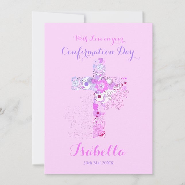 Elegant pink confirmation floral cross  card (Front)
