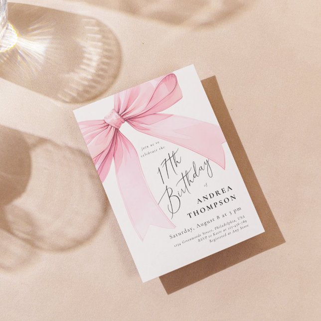 Elegant Pink Coquette Bow 17th BIrthday Girl Invi Invitation (Creator Uploaded)