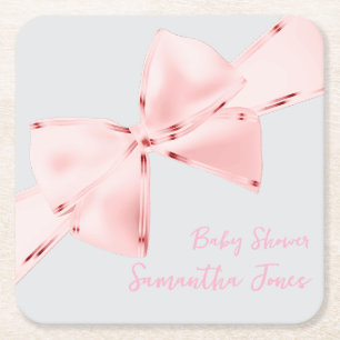 Elegant Pink Coquette Bow 22.9 cm Girl Baby Shower Square Paper Coaster