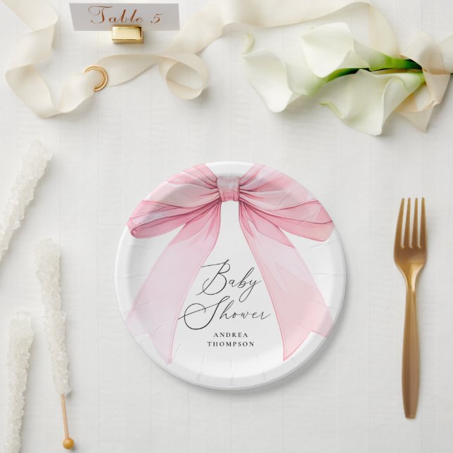 Elegant Pink Coquette Bow Baby Shower Girl Paper Plate (Wedding)