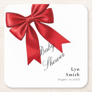 Elegant Pink Coquette Bow Baby Shower Girl Square Paper Coaster