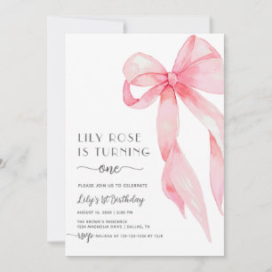 Elegant Pink Coquette Bow First 1st Birthday Girl Invitation